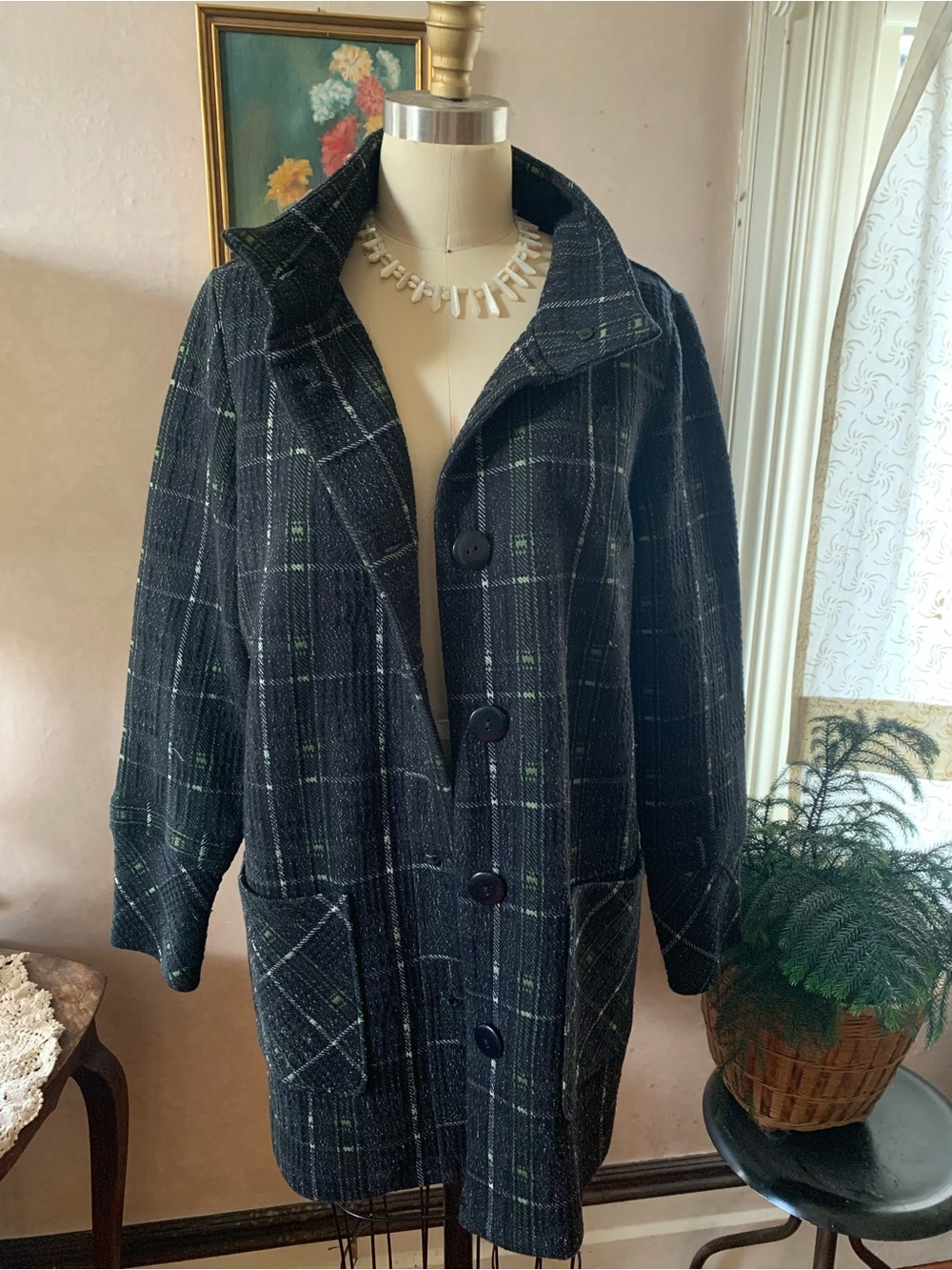 HABITAT Speckled Textured Black and Green Plaid Car Coat Jacket